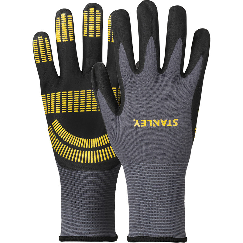 Stanley Arbeitshandschuh Größe M – Nitrilbeschichtet, atmungsaktiv & leicht, Grau/Schwarz/Gelb, EN420 & EN388