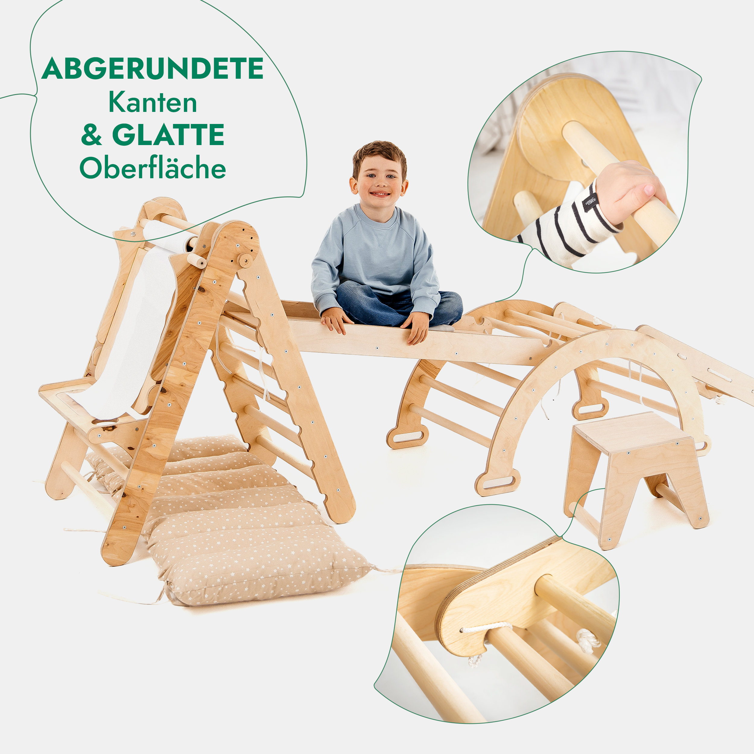 7in1 Montessori Klettergerüst Set: Kletterdreieck, Kletterbogen mit Kissen, Rutsche, Kletternetz, Maltafel und Kinderstuhl, für Kinder 1-7 Jahre – Beige