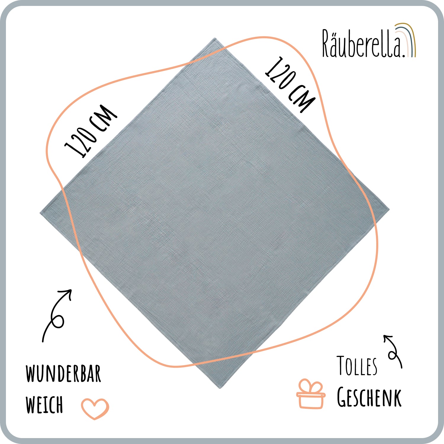 Musselin Babydecke 120x120 cm – Baumwolle, weich & atmungsaktiv Grau-Blau