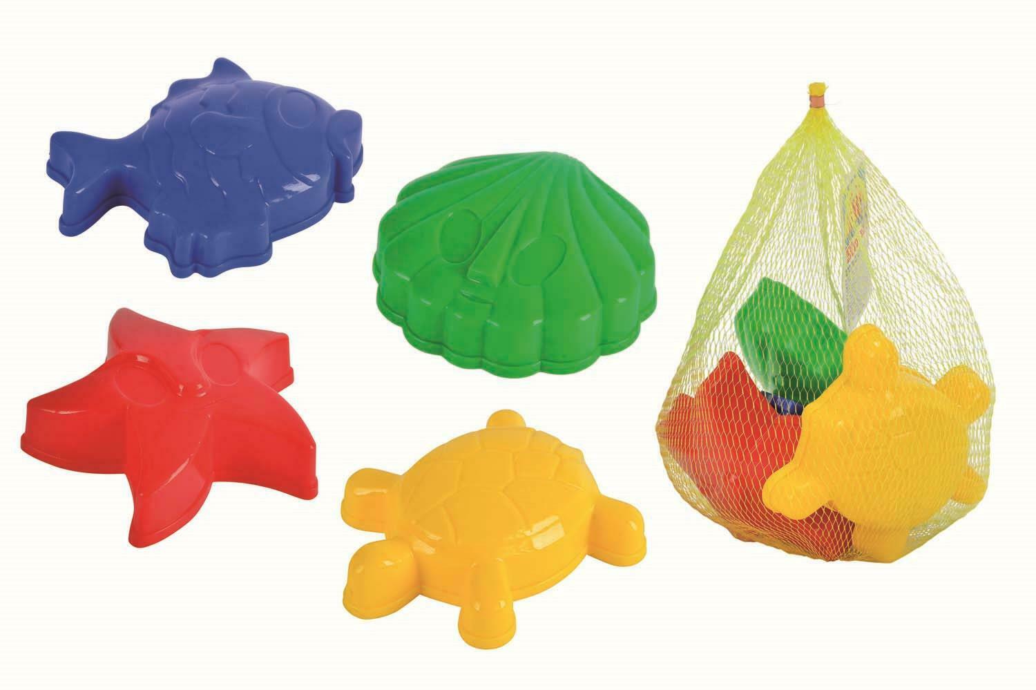 4 Sandformen im Netz Schildkröte, Muschel, Fisch und Seestern