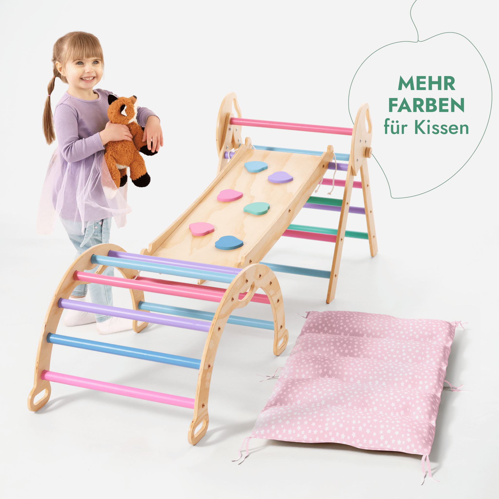 4-in-1 Montessori-Kletterset: Pikler-Dreieck, Kletterbogen, Rutschbrett und Kissen für Kleinkinder (1–3 Jahre) – Pastell
