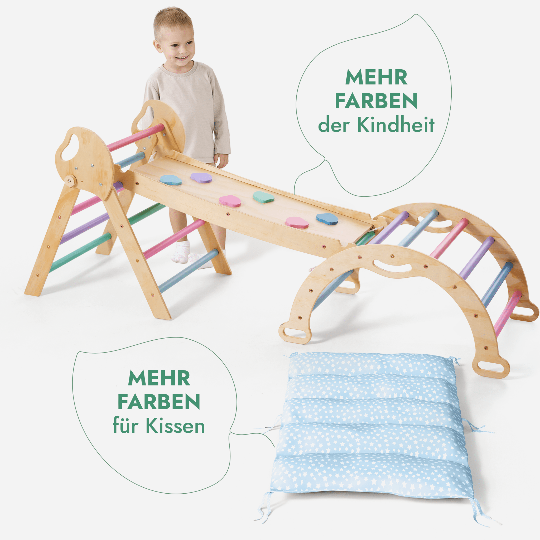 4-in-1 Montessori-Kletterset: Pikler-Dreieck, Kletterbogen, Rutschbrett und Kissen für Kleinkinder (1–3 Jahre) – Pastell
