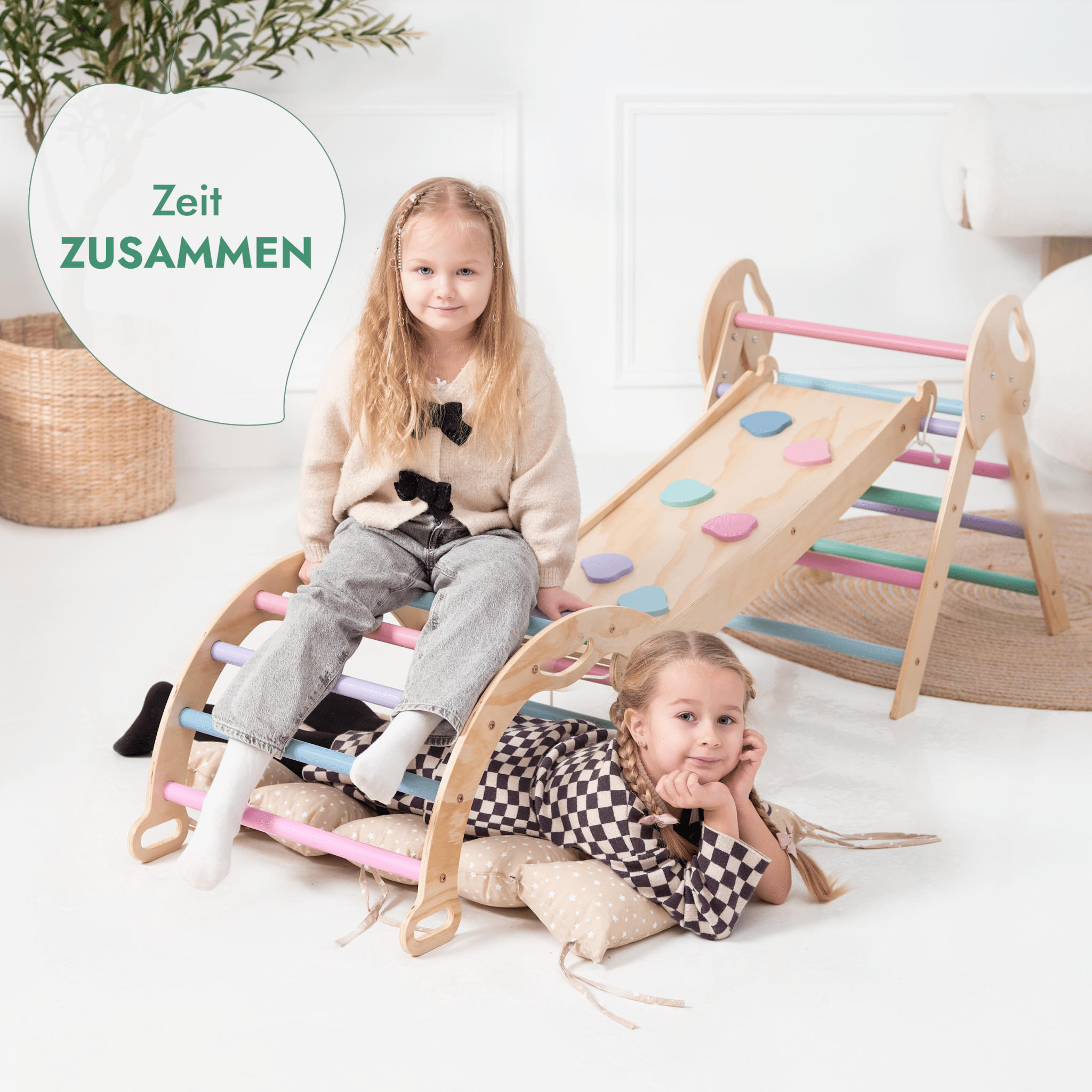 4-in-1 Montessori-Kletterset: Pikler-Dreieck, Kletterbogen, Rutschbrett und Kissen für Kleinkinder (1–3 Jahre) – Pastell