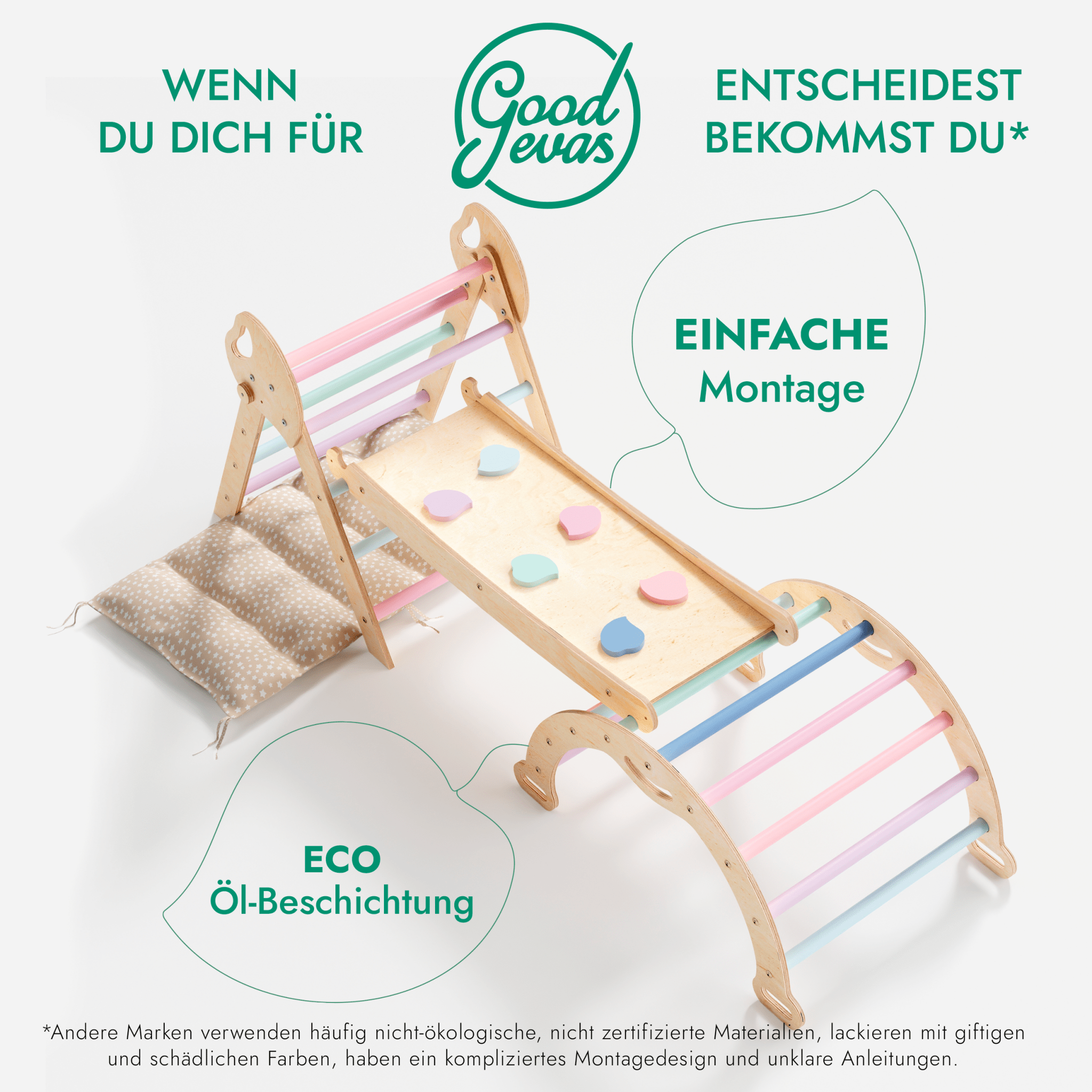 4-in-1 Montessori-Kletterset: Pikler-Dreieck, Kletterbogen, Rutschbrett und Kissen für Kleinkinder (1–3 Jahre) – Pastell