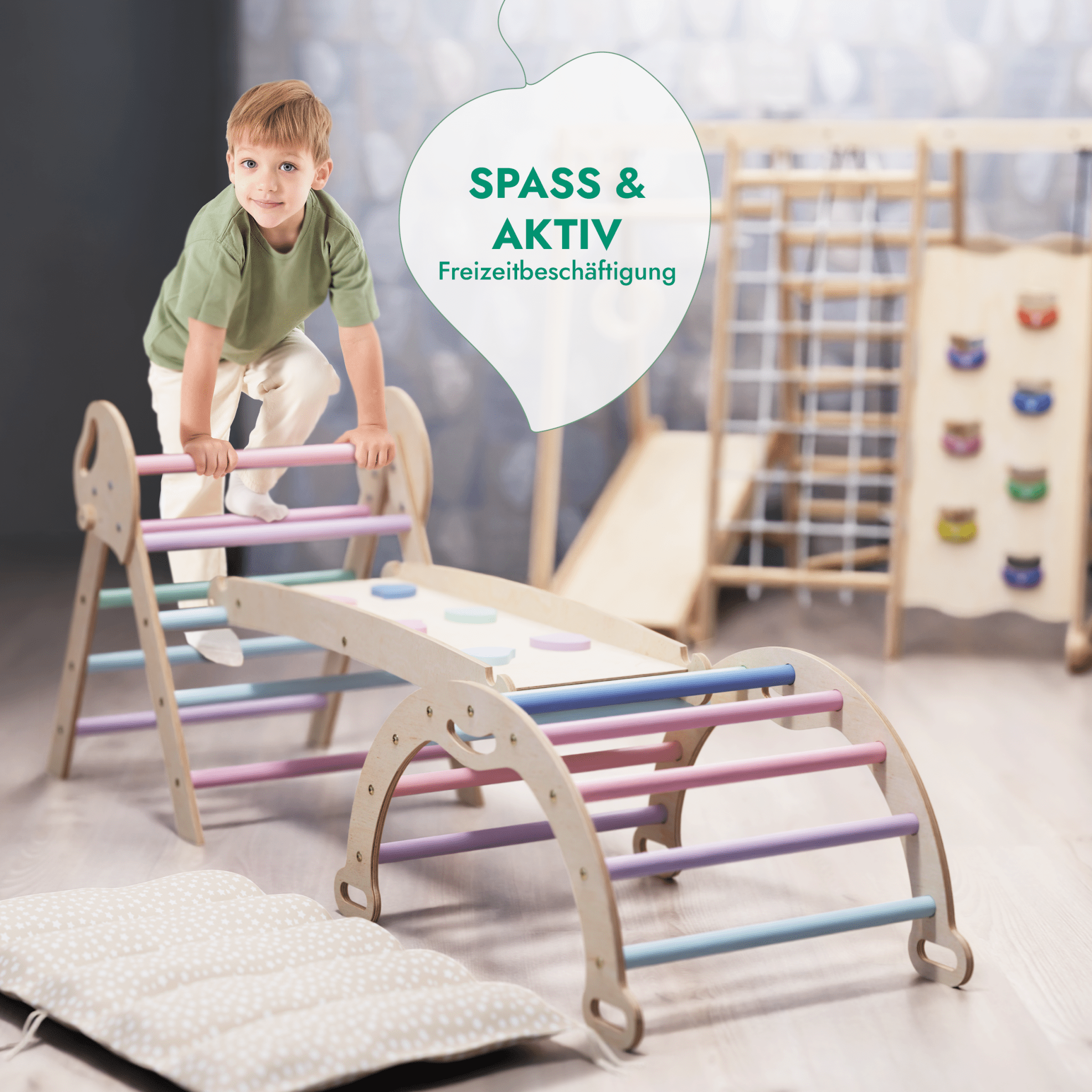 4-in-1 Montessori-Kletterset: Pikler-Dreieck, Kletterbogen, Rutschbrett und Kissen für Kleinkinder (1–3 Jahre) – Pastell