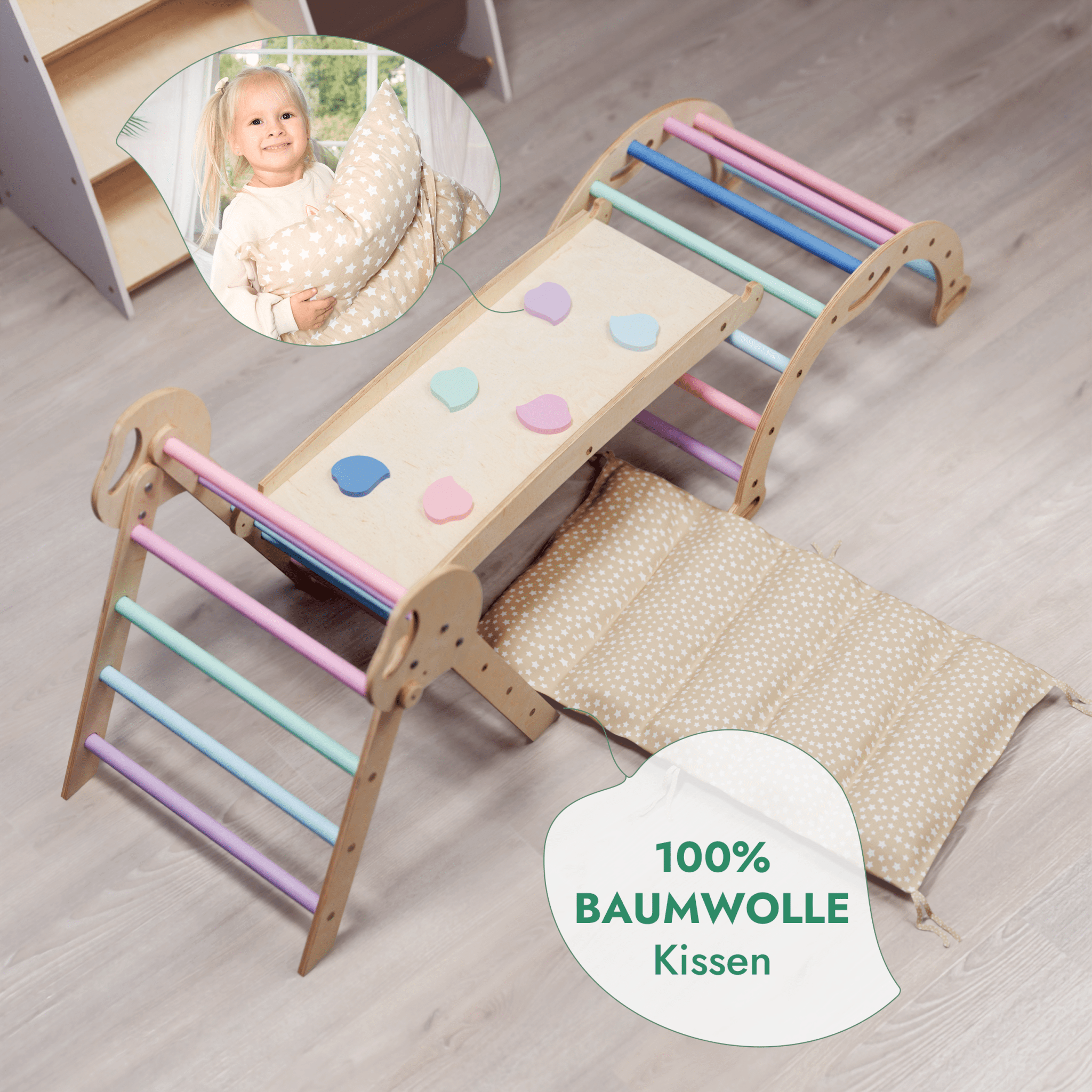4-in-1 Montessori-Kletterset: Pikler-Dreieck, Kletterbogen, Rutschbrett und Kissen für Kleinkinder (1–3 Jahre) – Pastell