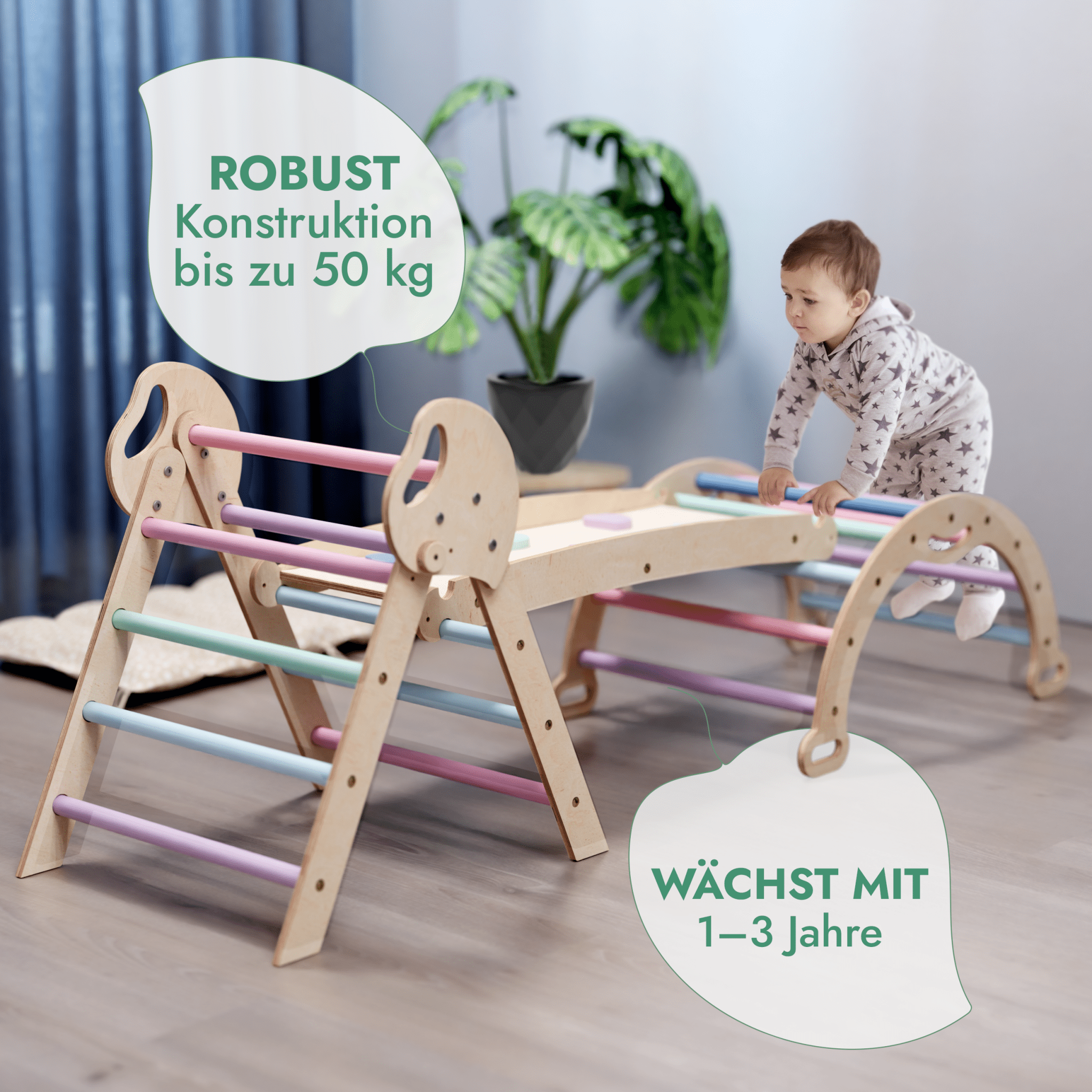 4-in-1 Montessori-Kletterset: Pikler-Dreieck, Kletterbogen, Rutschbrett und Kissen für Kleinkinder (1–3 Jahre) – Pastell