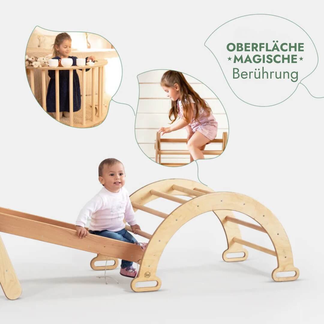 4in1 Montessori Klettergerüst Set: Kletterdreieck mit Rutsche, Kletterbogen, Kletternetz, für Kinder 1-7 Jahre – Beige