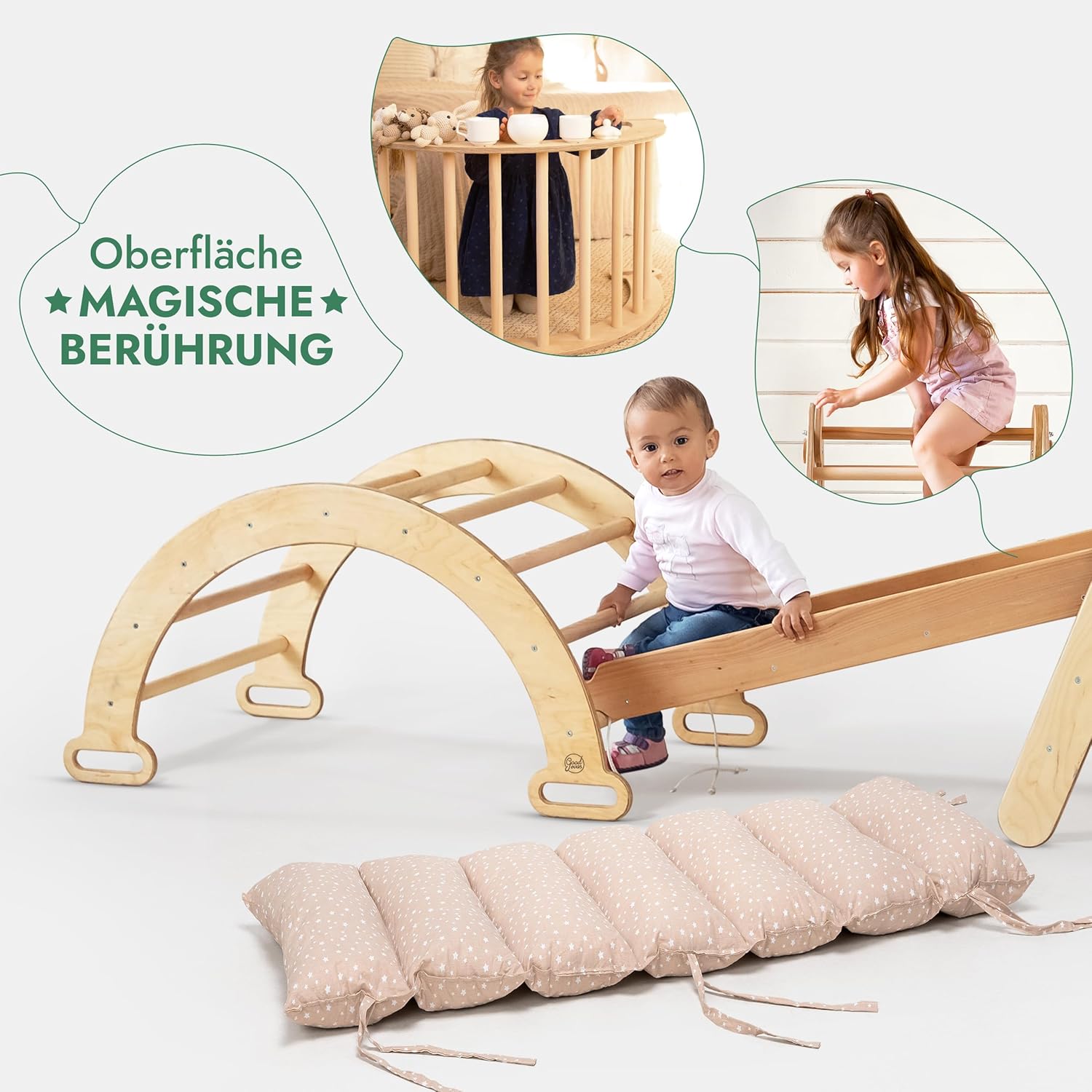 5in1 Montessori Klettergerüst Set: Kletterdreieck mit Rutsche, Kletterbogen, Kletternetz und Kissen, für Kinder 1-7 Jahre – Beige