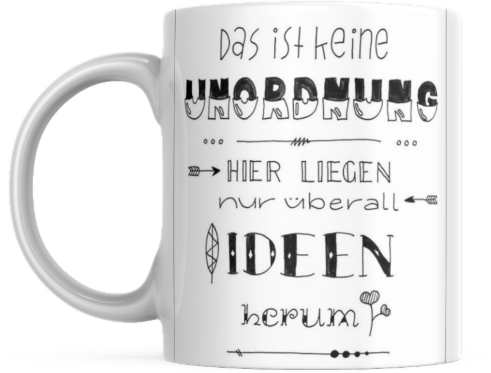 Tasse mit Spruch Positive Perspektiven: "Das ist keine Unordnung, hier liegen nur überall Ideen rum" Kaffee Büro