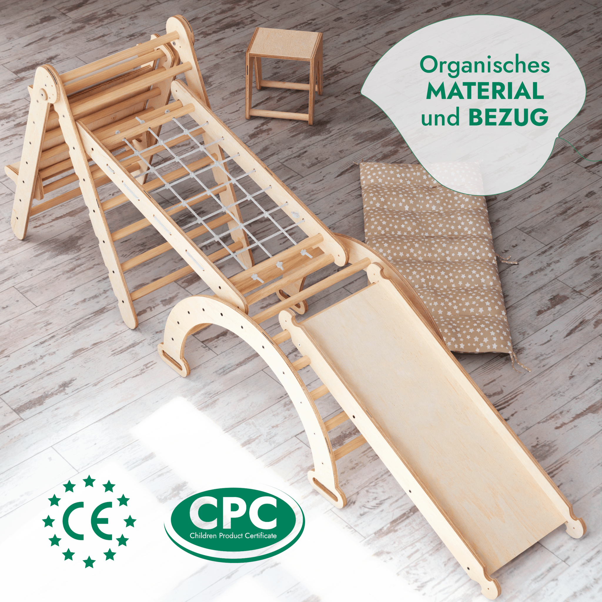 7in1 Montessori Klettergerüst Set: Kletterdreieck, Kletterbogen mit Kissen, Rutsche, Kletternetz, Maltafel und Kinderstuhl, für Kinder 1-7 Jahre – Beige