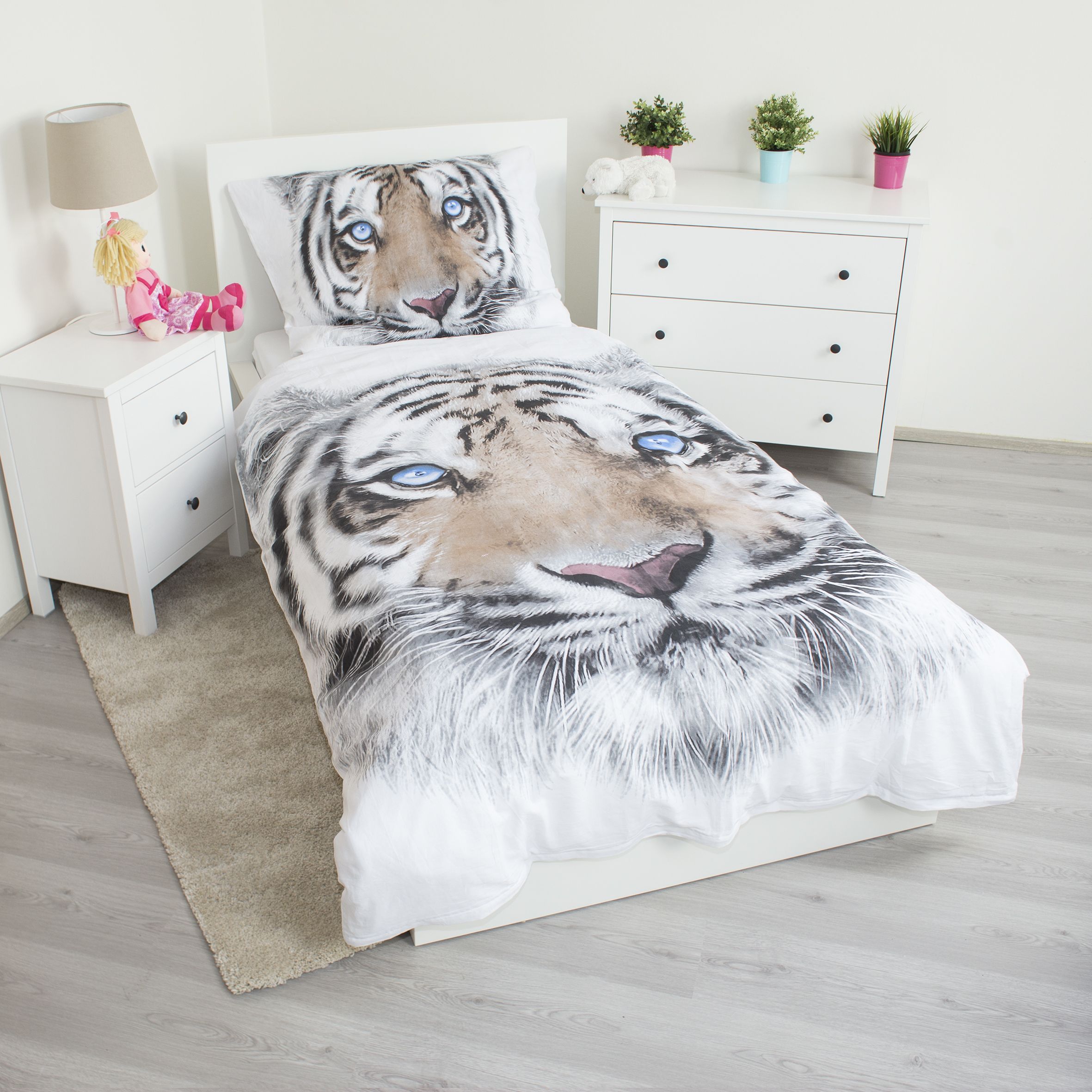 Weißer Tiger Bettwäsche - weiche Baumwolle 140x200 cm Kissen und Decke