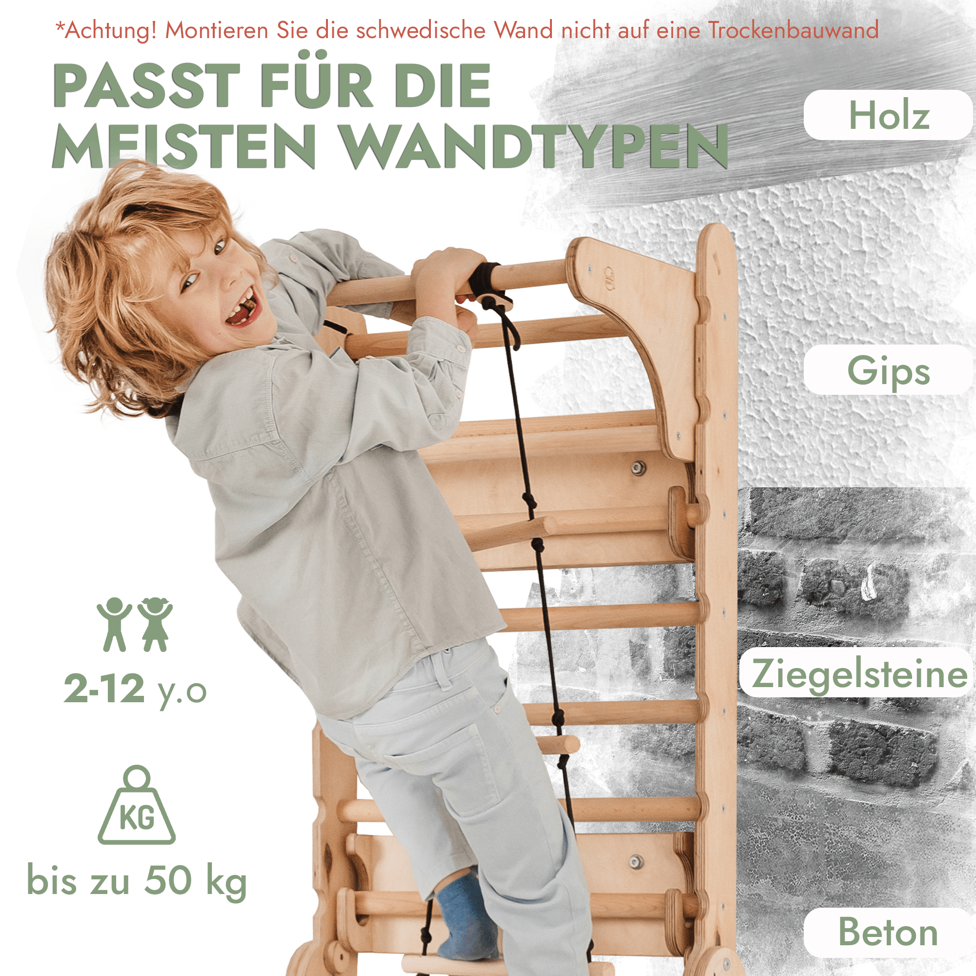 8in1 Kletterwand Indoor: Sprossenwand, Gymnastikringe, Hängende Leiter, Disc-Schaukel, Rutsche, Klimmzugstange, Maltafel und Kinderstuhl für Kinder – Beige