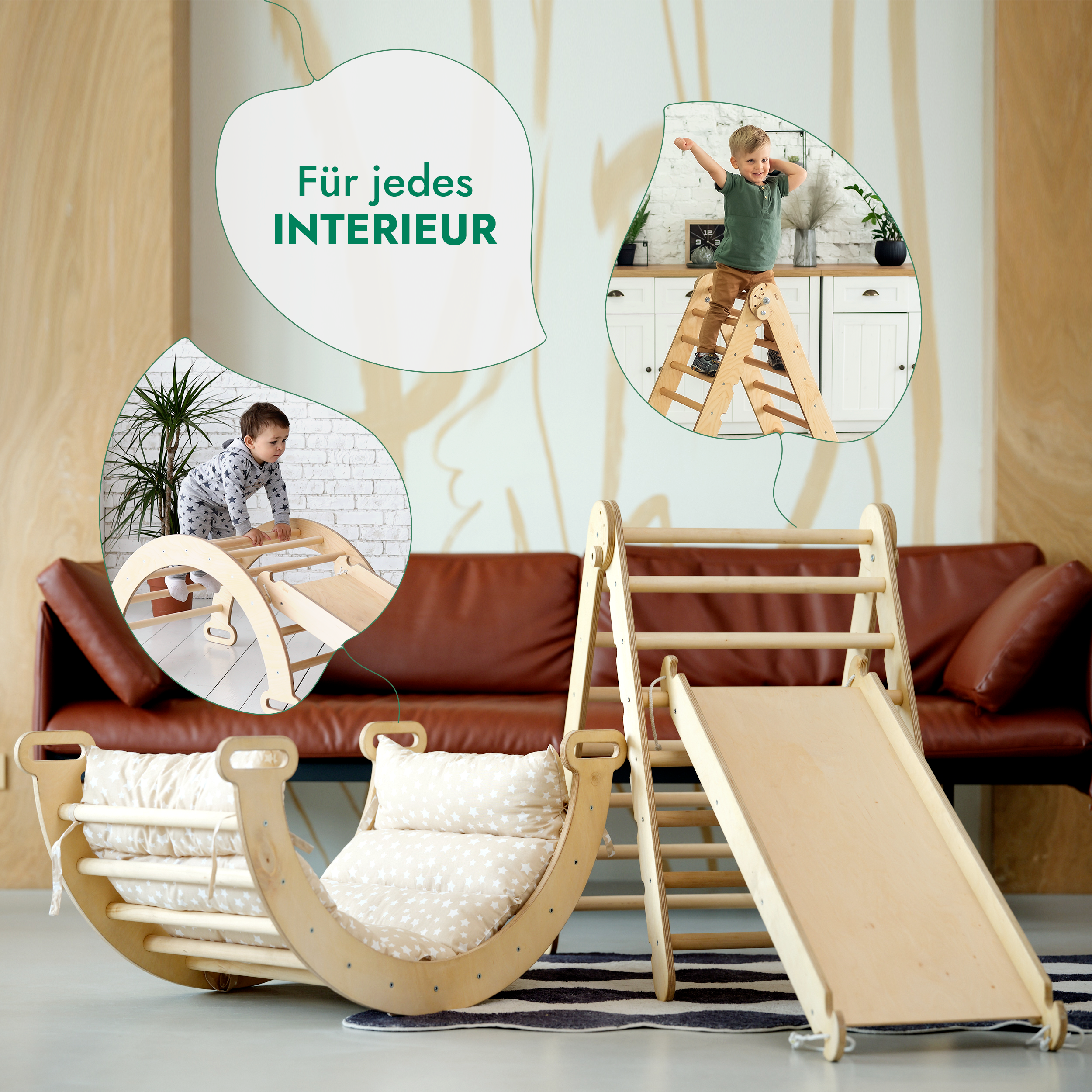 4in1 Montessori Klettergerüst Set: Kletterdreieck mit Rutsche, Kletterbogen mit Kissen, für Kinder 1-7 Jahre – Beige