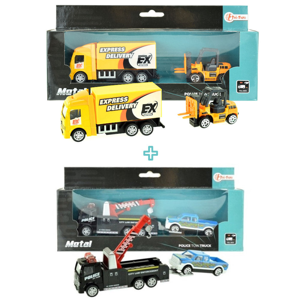 Abschleppwagen mit Auto und  LKW mit Gabelstapler aus Metal