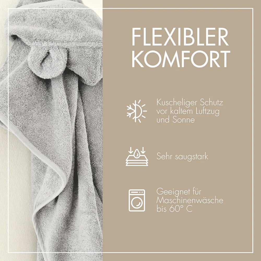 Baby Badeponcho 75x75 cm – „Grau“ mit niedlichen Bärenohren