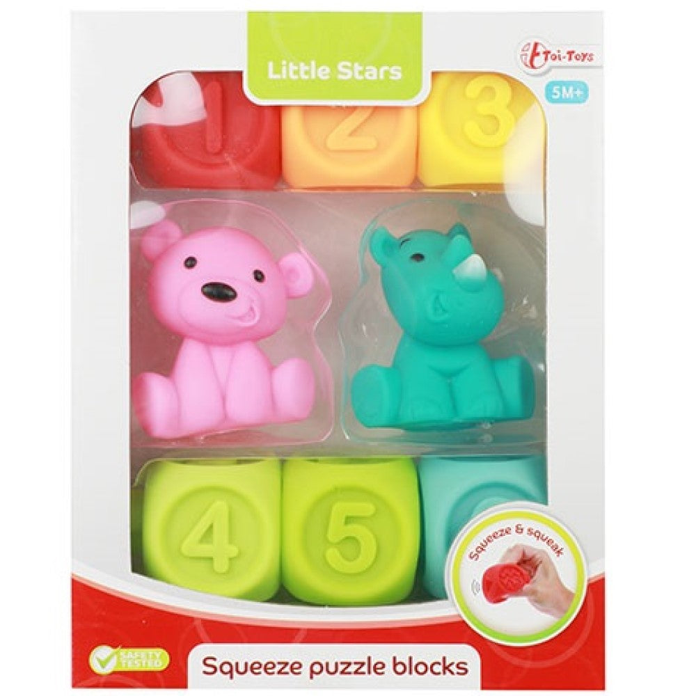 Baby Quietsch-Stapelblöcke 6 Stück und 2 Gummitiere