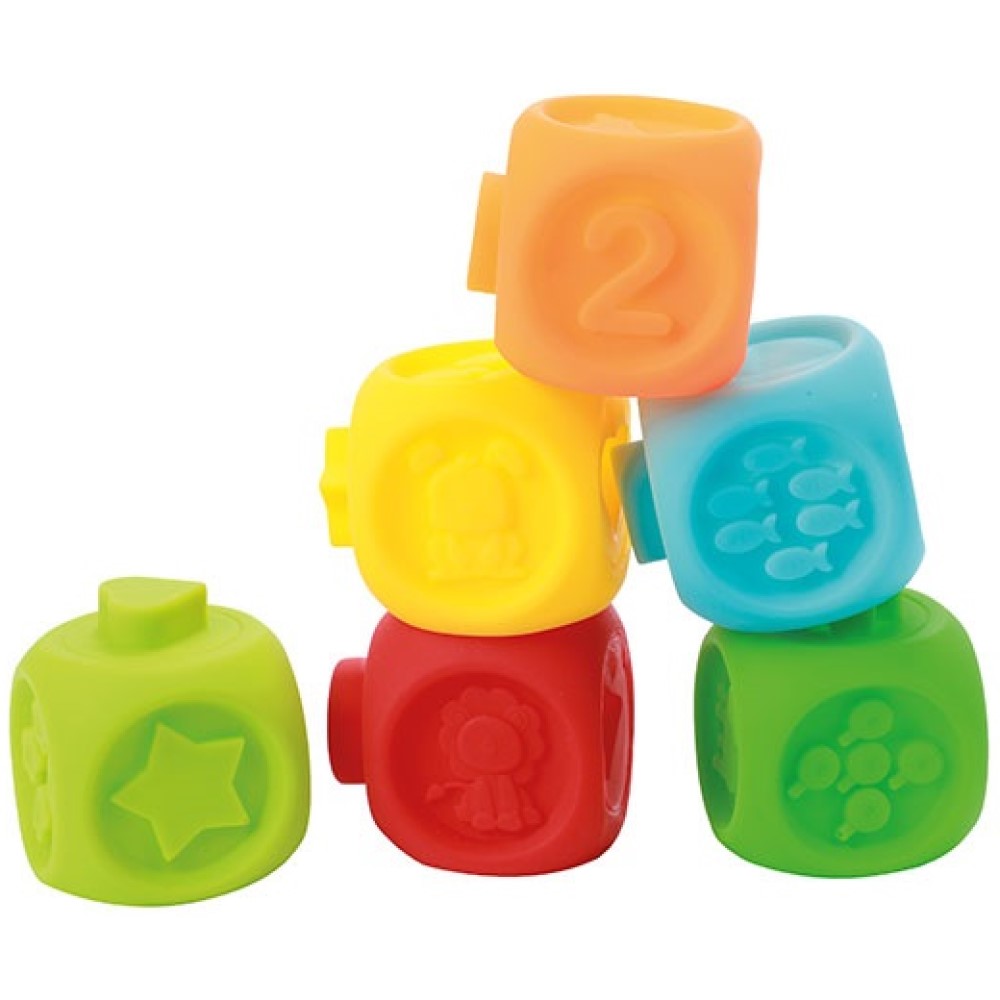 Baby Quietsch-Stapelblöcke 6 Stück und 2 Gummitiere