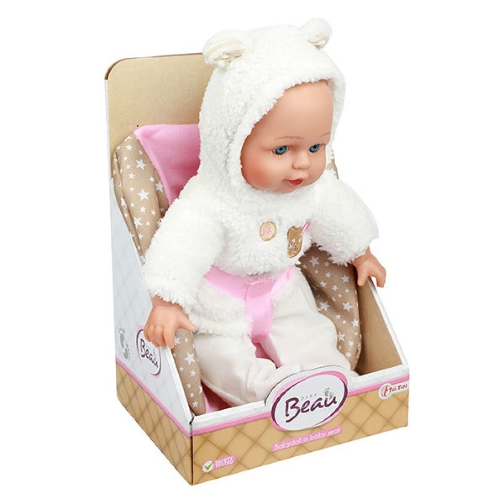 Babypuppe in Bären-Jacke und Kindersitz 33cm