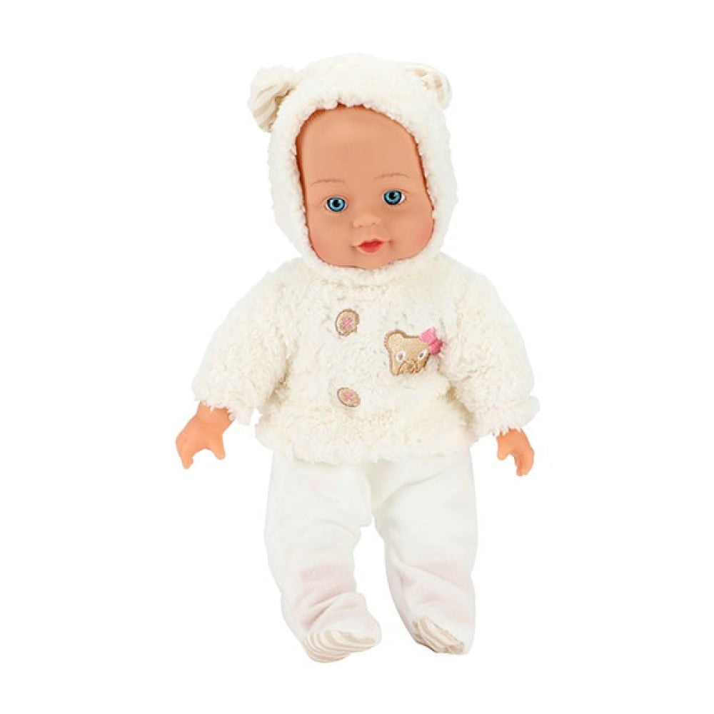 Babypuppe in Bären-Jacke und Kindersitz 33cm