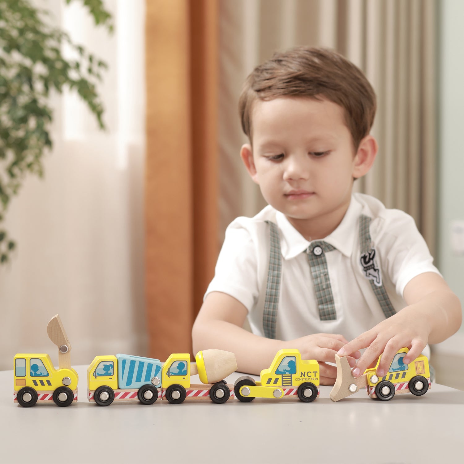 Baufahrzeuge Holz 5 Fahrzeuge Bagger Betonmischer Radlader Walze LKW