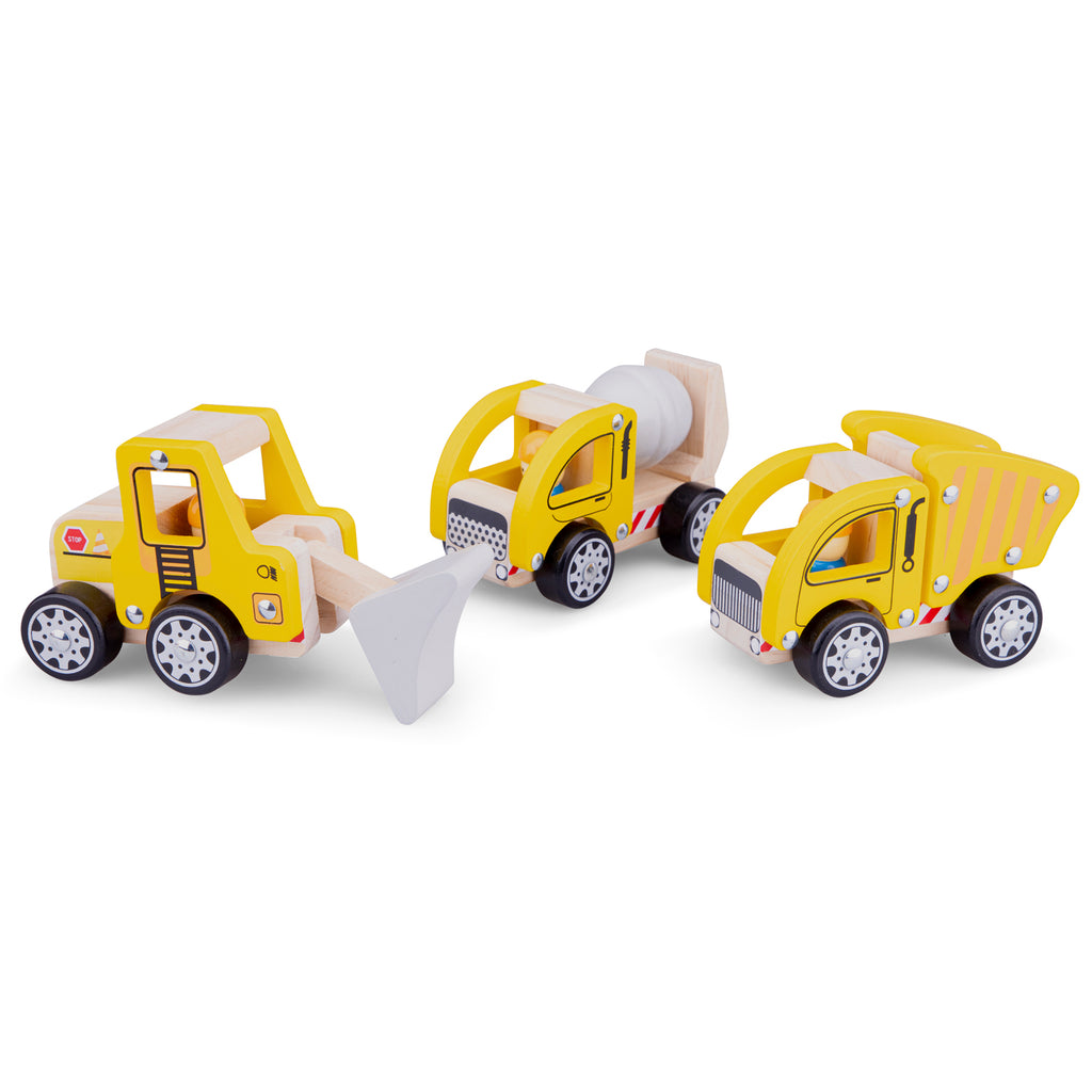 Baufahrzeuge aus Holz 3 Fahrzeuge Betonmischer Radlader und LKW-Kipper