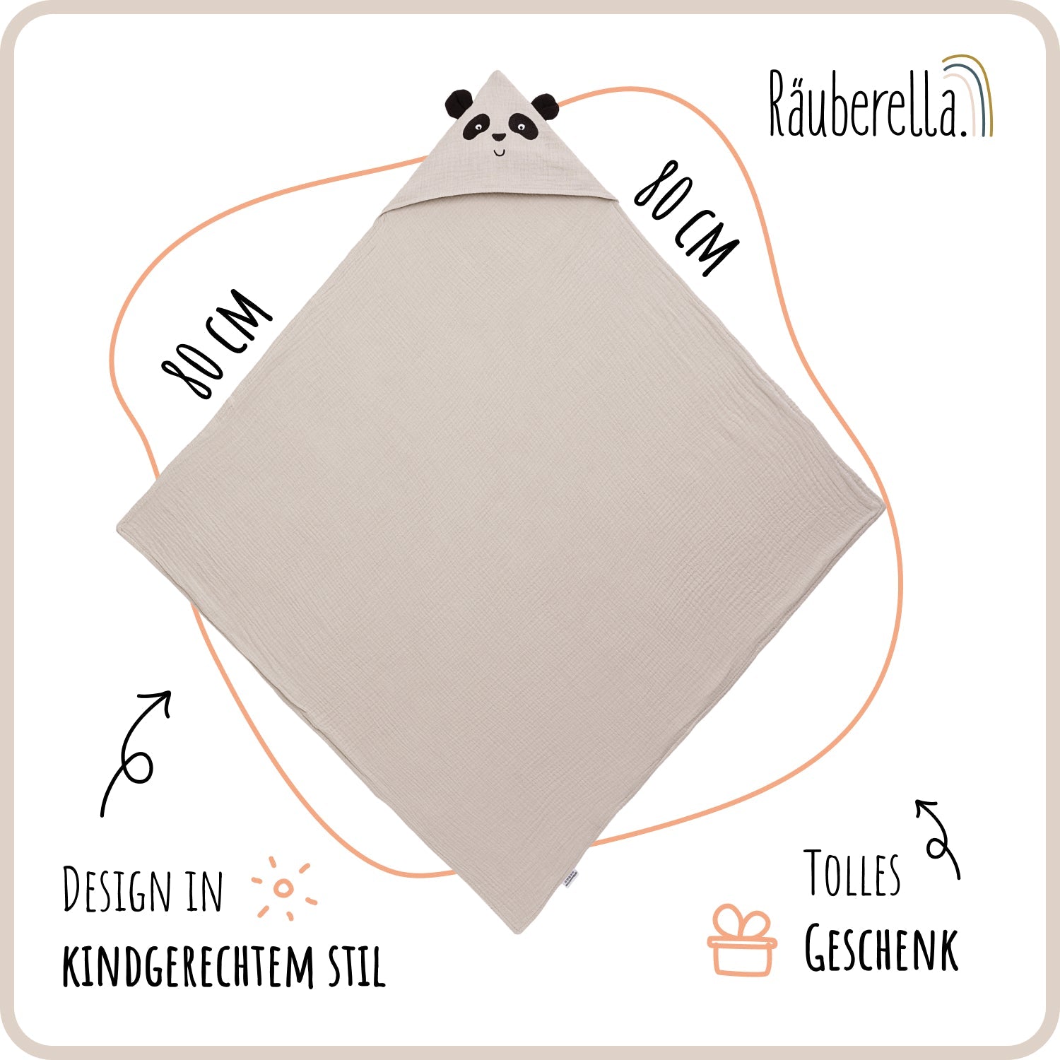 Kapuzenhandtuch Panda Baby, Beige 80x80 cm