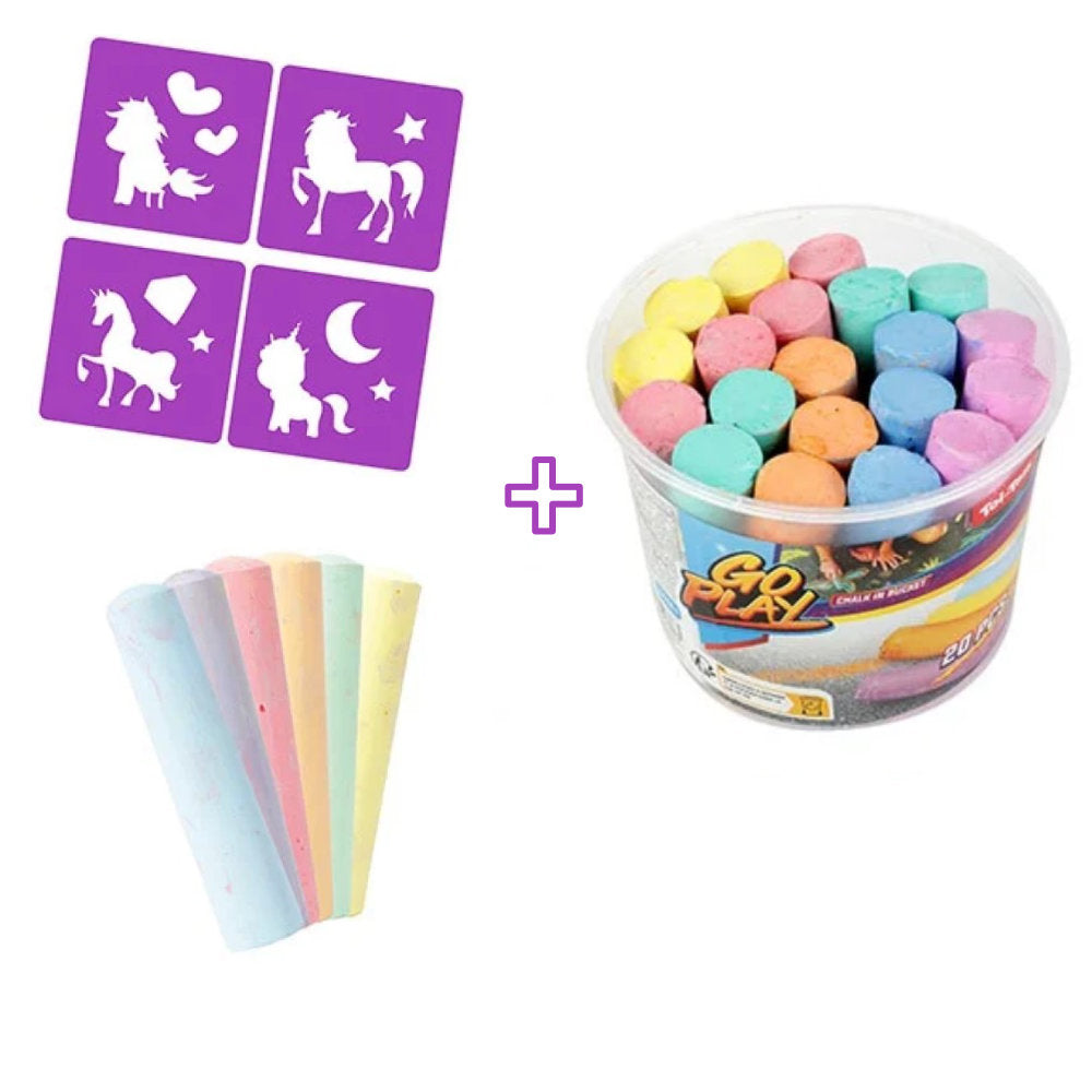 Strassenmalkreide 20 Kreide im Eimer mit Einhorn Schablonen 6 Kreide