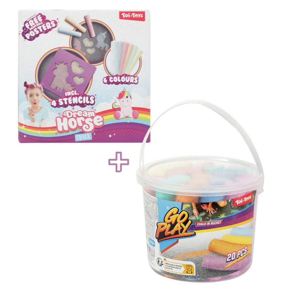 Strassenmalkreide 20 Kreide im Eimer mit Einhorn Schablonen 6 Kreide