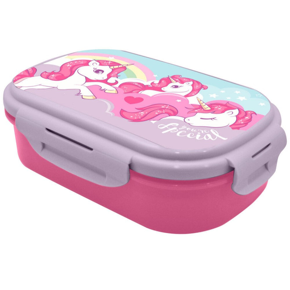Einhorn Brotdose mit Besteck drei Einhörner auf einer Wolke mit Regenbogen