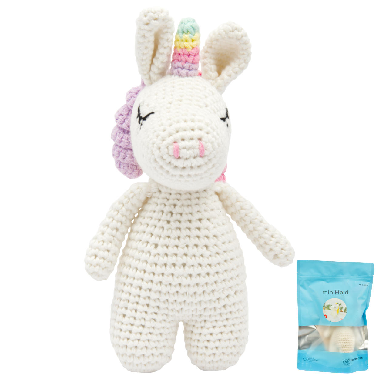 Handgestrickter Einhorn gehäkelt aus Baumwolle Spielzeug 16 cm