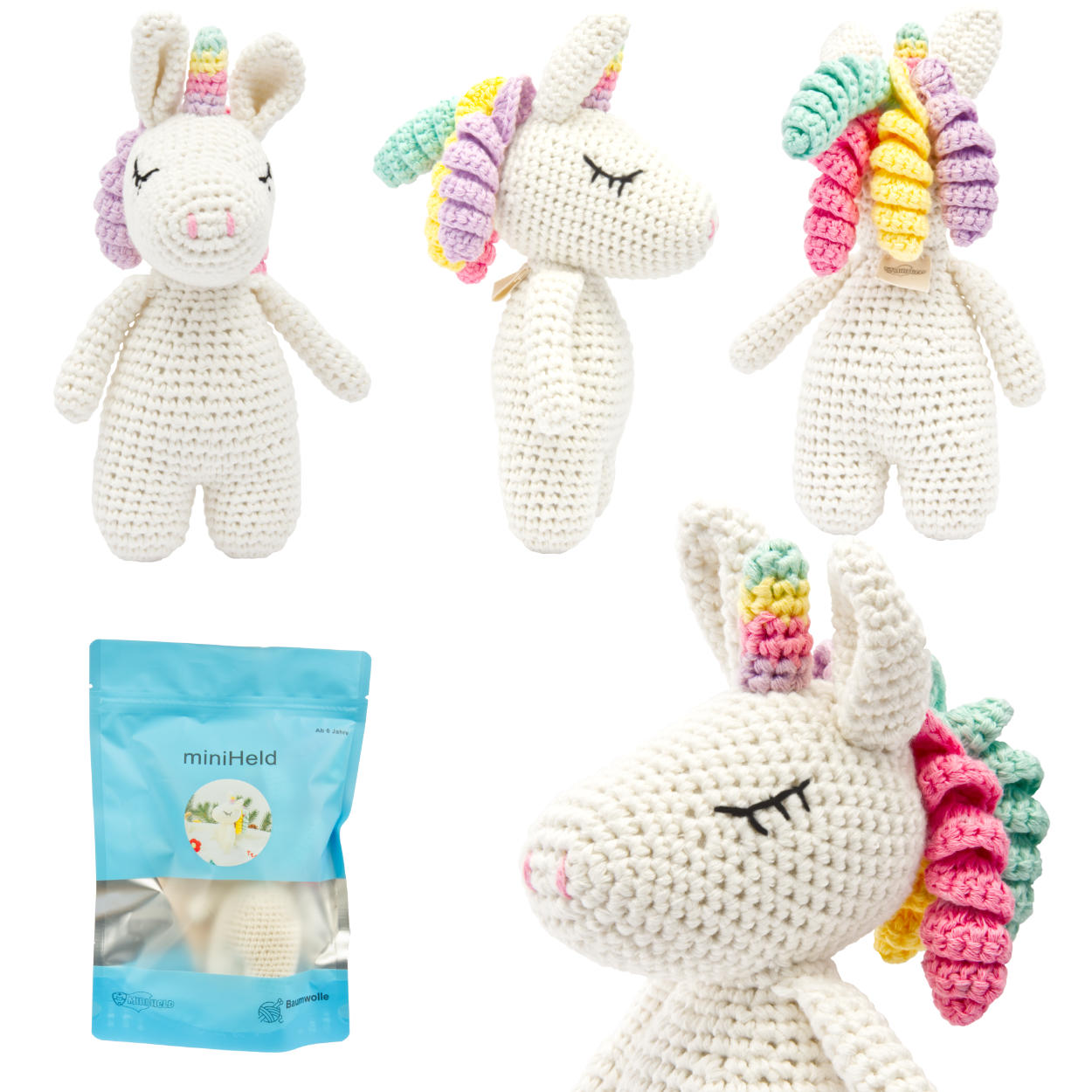 Handgestrickter Einhorn gehäkelt aus Baumwolle Spielzeug 16 cm