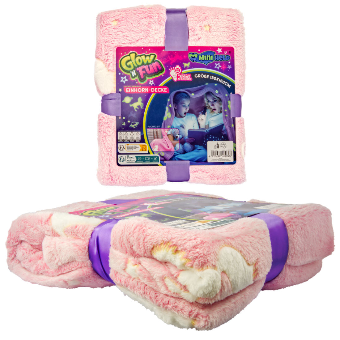 Kinderdecke Kuscheldecke Einhorn Motiv leuchtet im Dunkeln 130x150cm