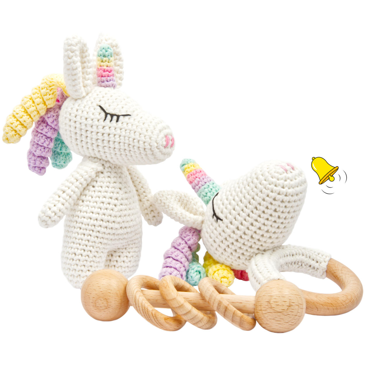 Handgestrickter Einhorn Rainbow Set Babyrassel Holz Baumwolle 16 cm