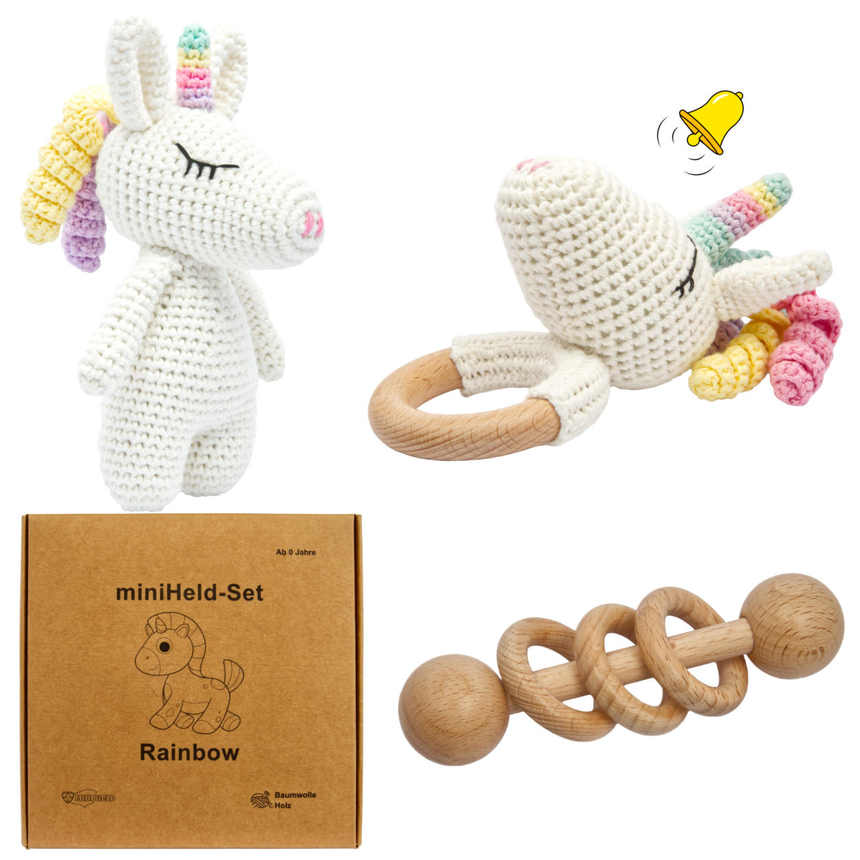 Handgestrickter Einhorn Rainbow Set Babyrassel Holz Baumwolle 16 cm