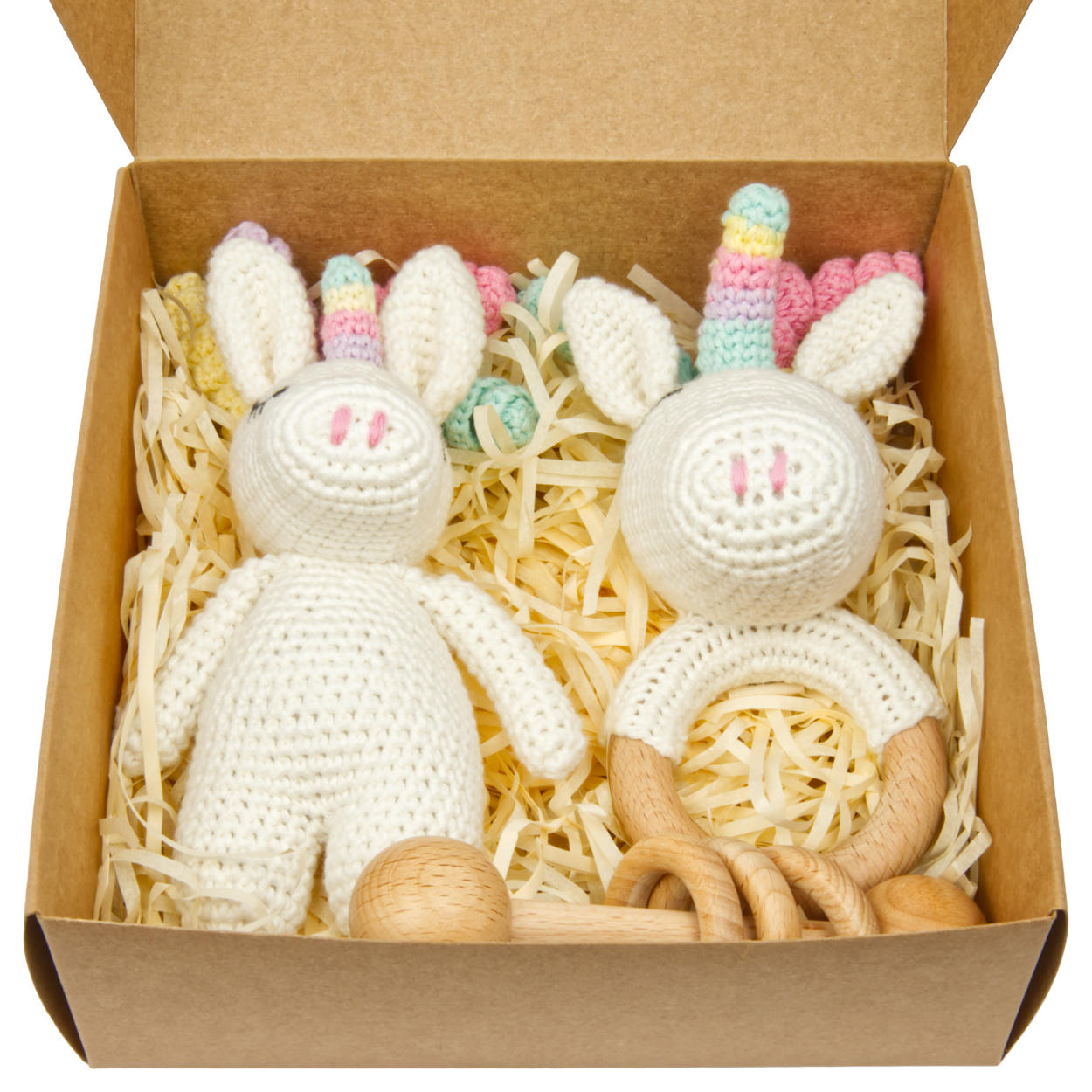 Handgestrickter Einhorn Rainbow Set Babyrassel Holz Baumwolle 16 cm