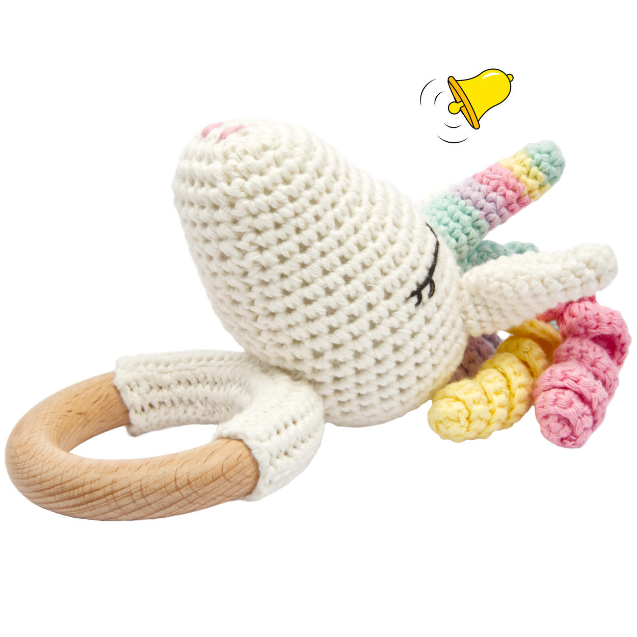Handgestrickter Einhorn Rainbow Set Babyrassel Holz Baumwolle 16 cm