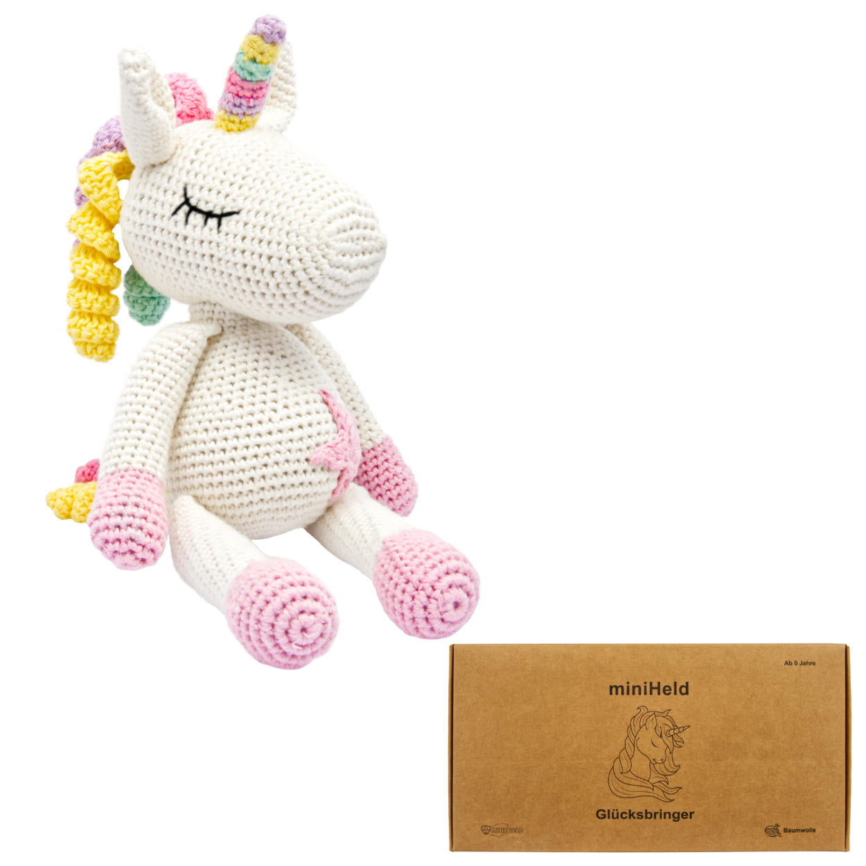 Handgestrickter Einhorn "Glücksbringer" Spielzeug aus Baumwolle 28cm