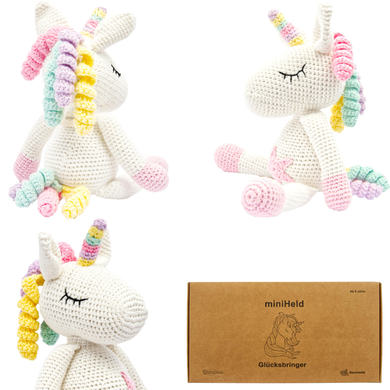 Handgestrickter Einhorn "Glücksbringer" Spielzeug aus Baumwolle 28cm