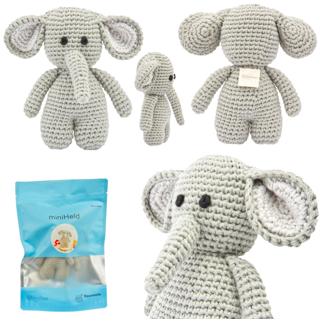 Handgestrickter Elefant gehäkelt aus Baumwolle Spielzeug 15 cm