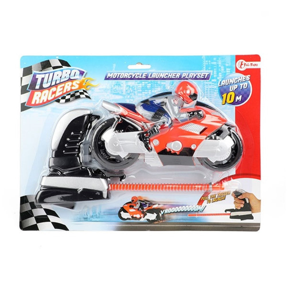 Fahrer auf Spielzeug Motorrad mit Shooter