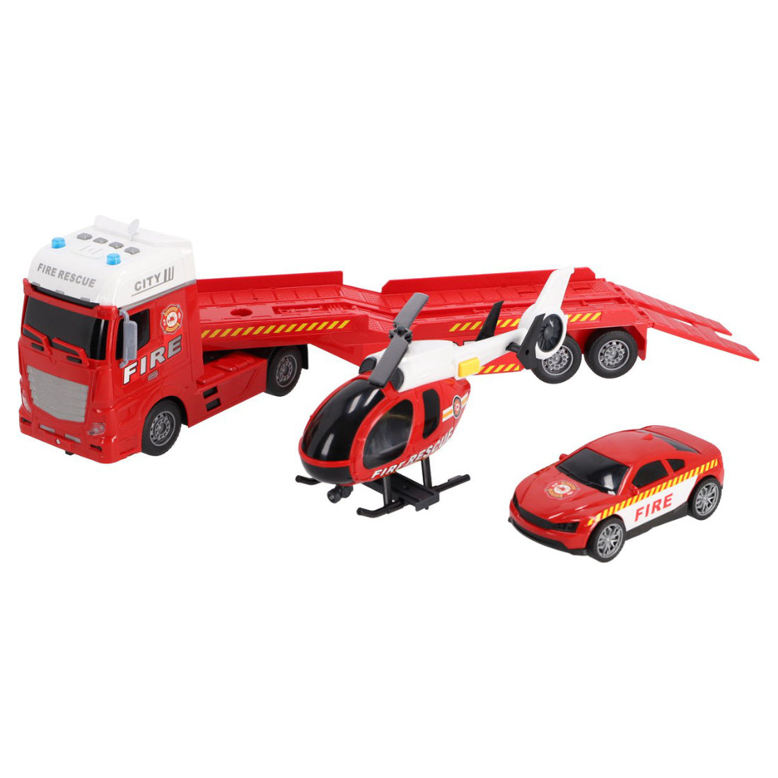 Feuerwehr Autotransporter 54 cm Auto Hubschrauber mit Licht und Sound