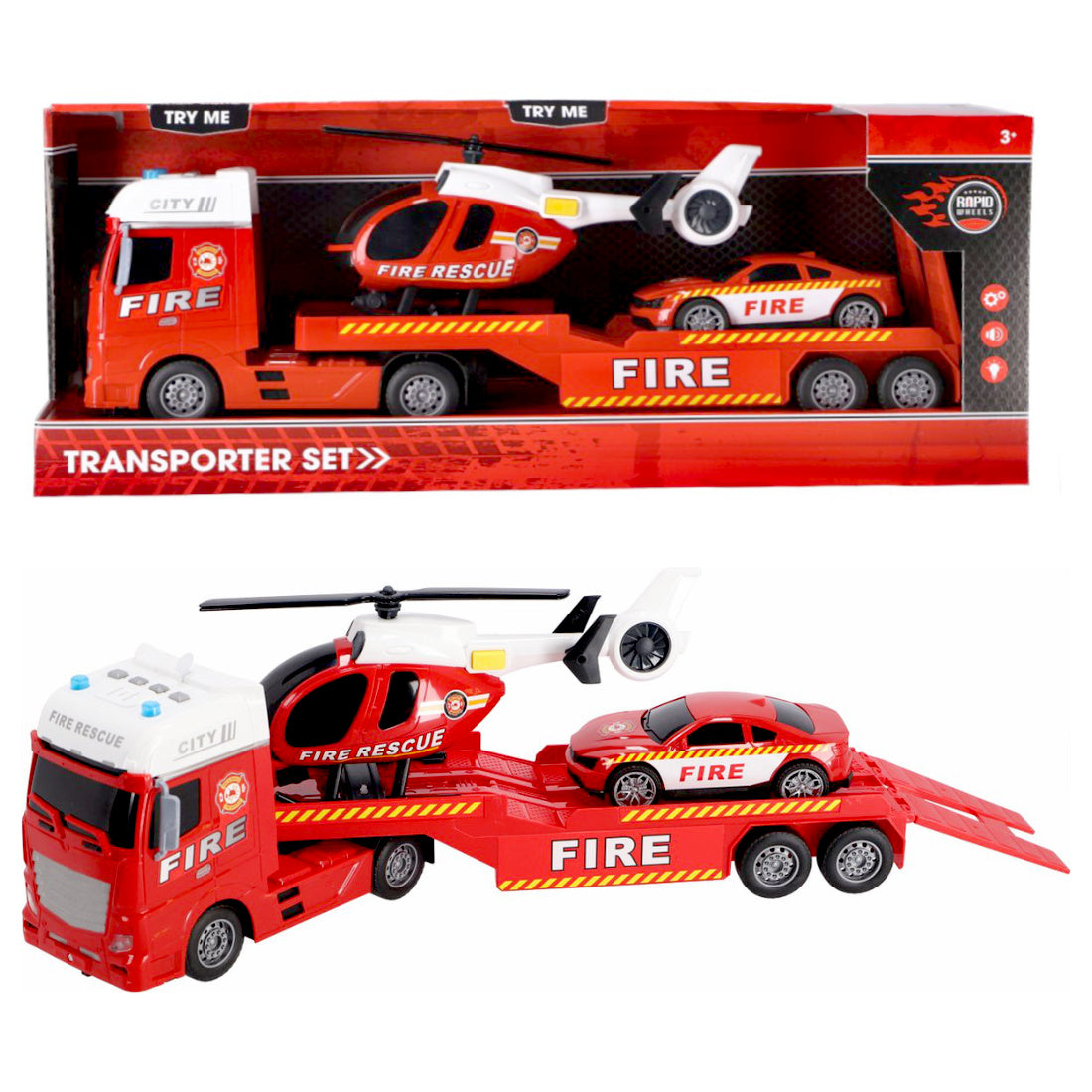 Feuerwehr Autotransporter 54 cm Auto Hubschrauber mit Licht und Sound