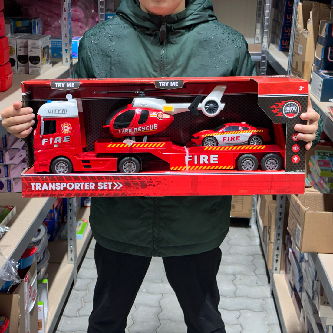 Feuerwehr Autotransporter 54 cm Auto Hubschrauber mit Licht und Sound