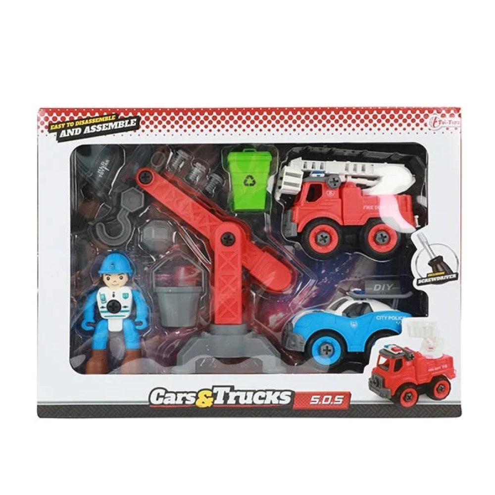 Feuerwehr Polizei Auto und Kran zum Bauen