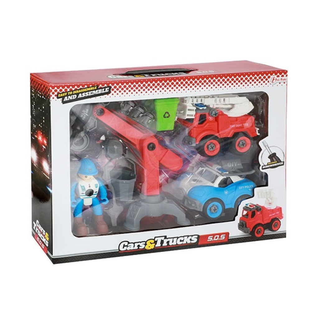 Feuerwehr Polizei Auto und Kran zum Bauen