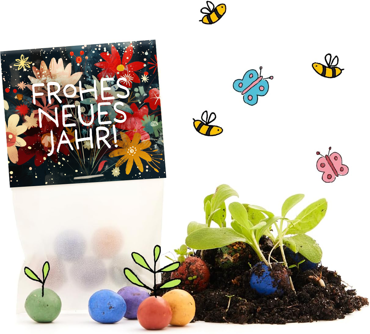 10x5 Blumenmurmeln im Tütchen "Frohes Neues Jahr"