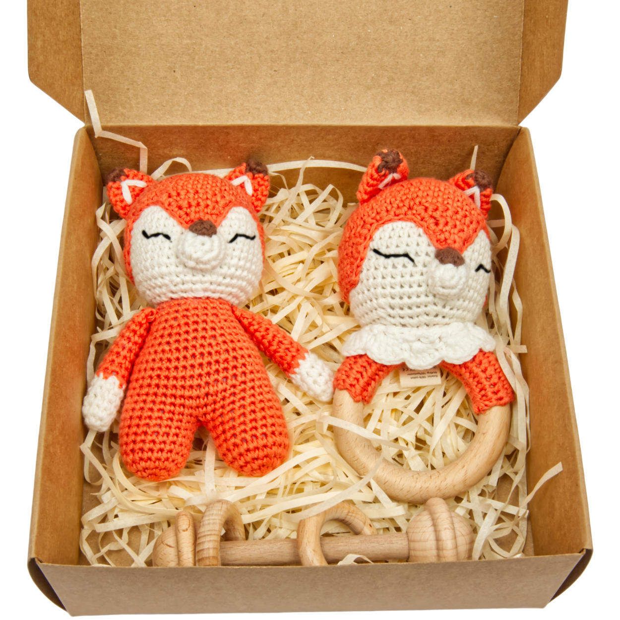 Handgestrickter Fuchs Fuzzy Set Babyrassel Holz Baumwolle 15 cm