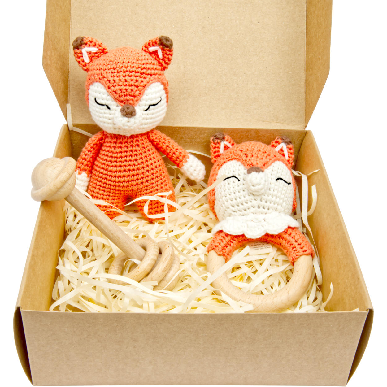 Handgestrickter Fuchs Fuzzy Set Babyrassel Holz Baumwolle 15 cm