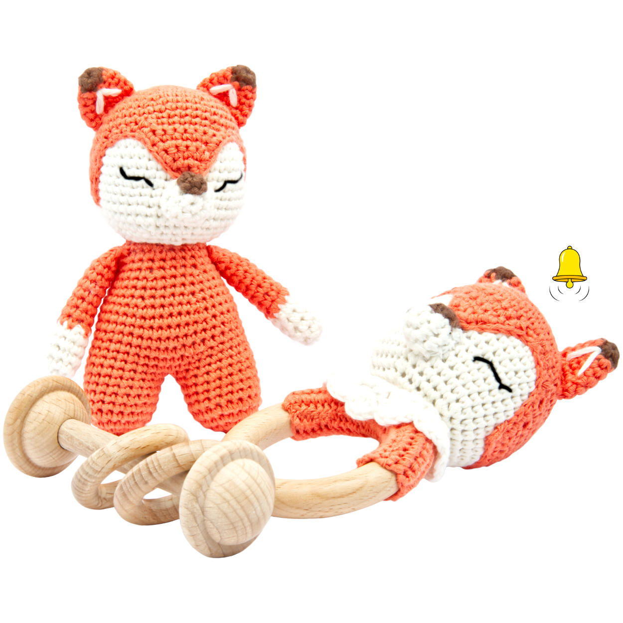 Handgestrickter Fuchs Fuzzy Set Babyrassel Holz Baumwolle 15 cm